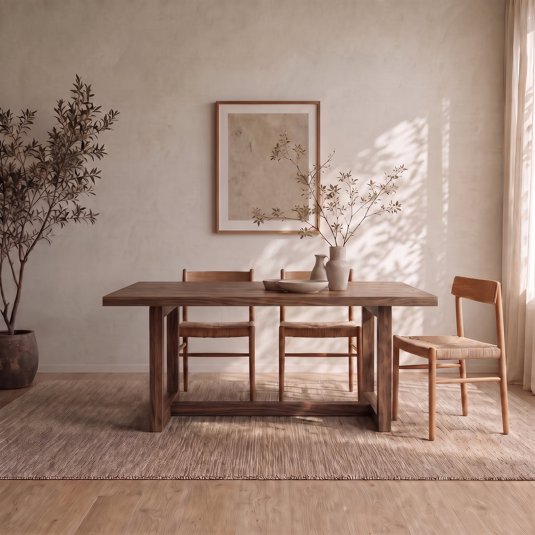 A minimalist dining room featuring a handcrafted 6 person dining table in walnut, three chairs, a woven rug, potted plant, and framed art on a neutral-colored wall. Sunlight streams through the window, casting soft shadows and creating a calm, inviting atmosphere in this Vancouver home.