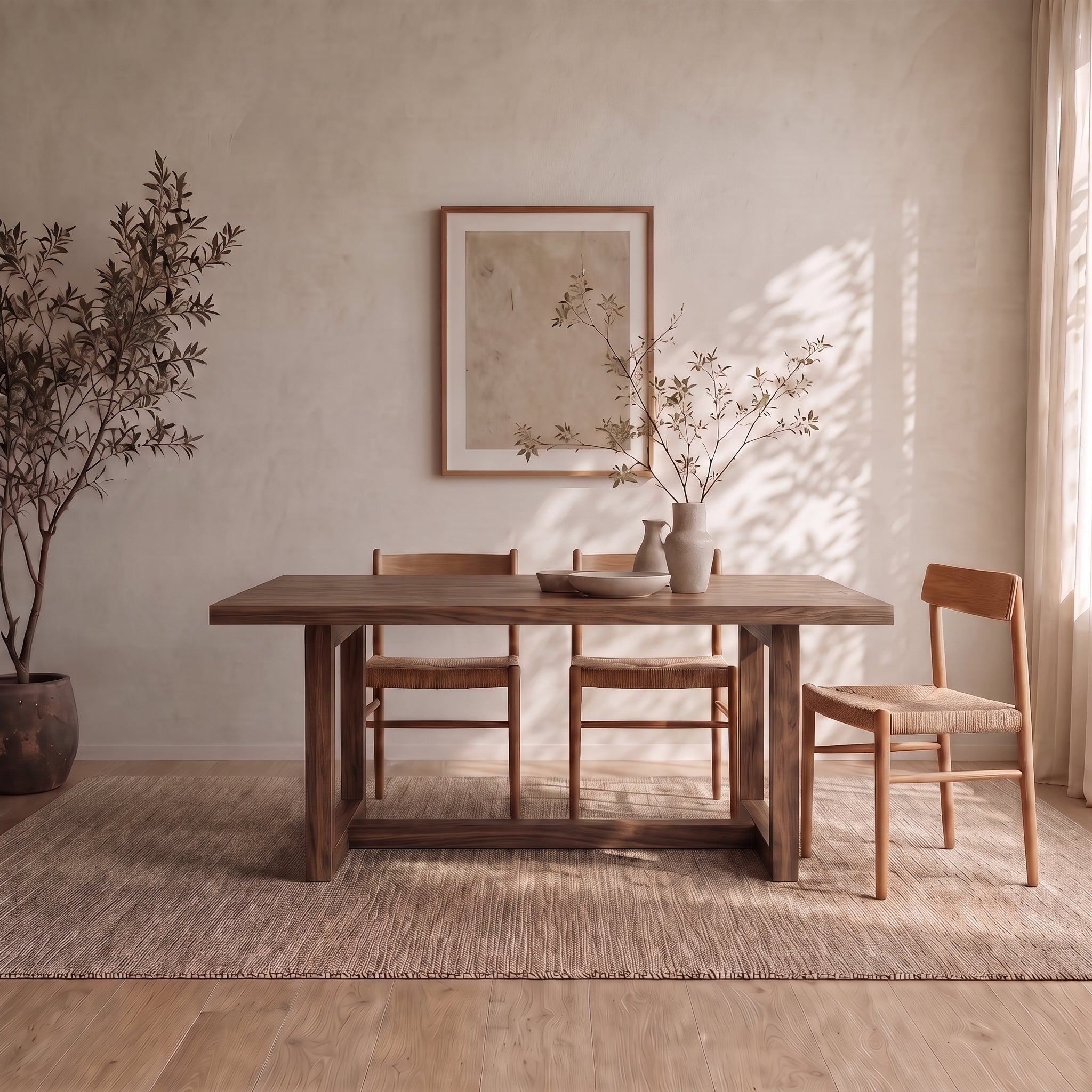 A minimalist dining room featuring a handcrafted 6 person dining table in walnut, three chairs, a woven rug, potted plant, and framed art on a neutral-colored wall. Sunlight streams through the window, casting soft shadows and creating a calm, inviting atmosphere in this Vancouver home.