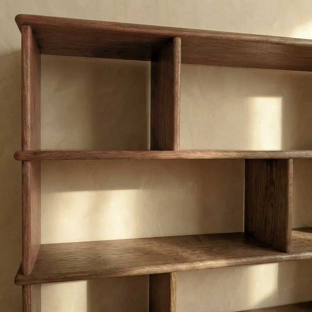 The Asymmetric bookcase in walnut stands against a beige wall, sunlight highlighting its handcrafted surface and multiple open shelves of varying sizes.