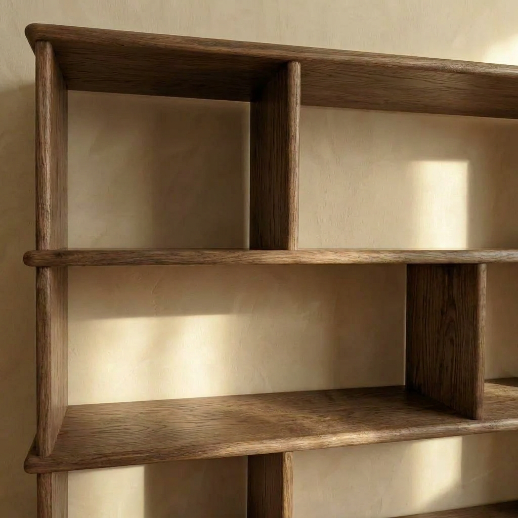 The Asymmetric bookcase in walnut stands against a beige wall, sunlight highlighting its handcrafted surface and multiple open shelves of varying sizes.