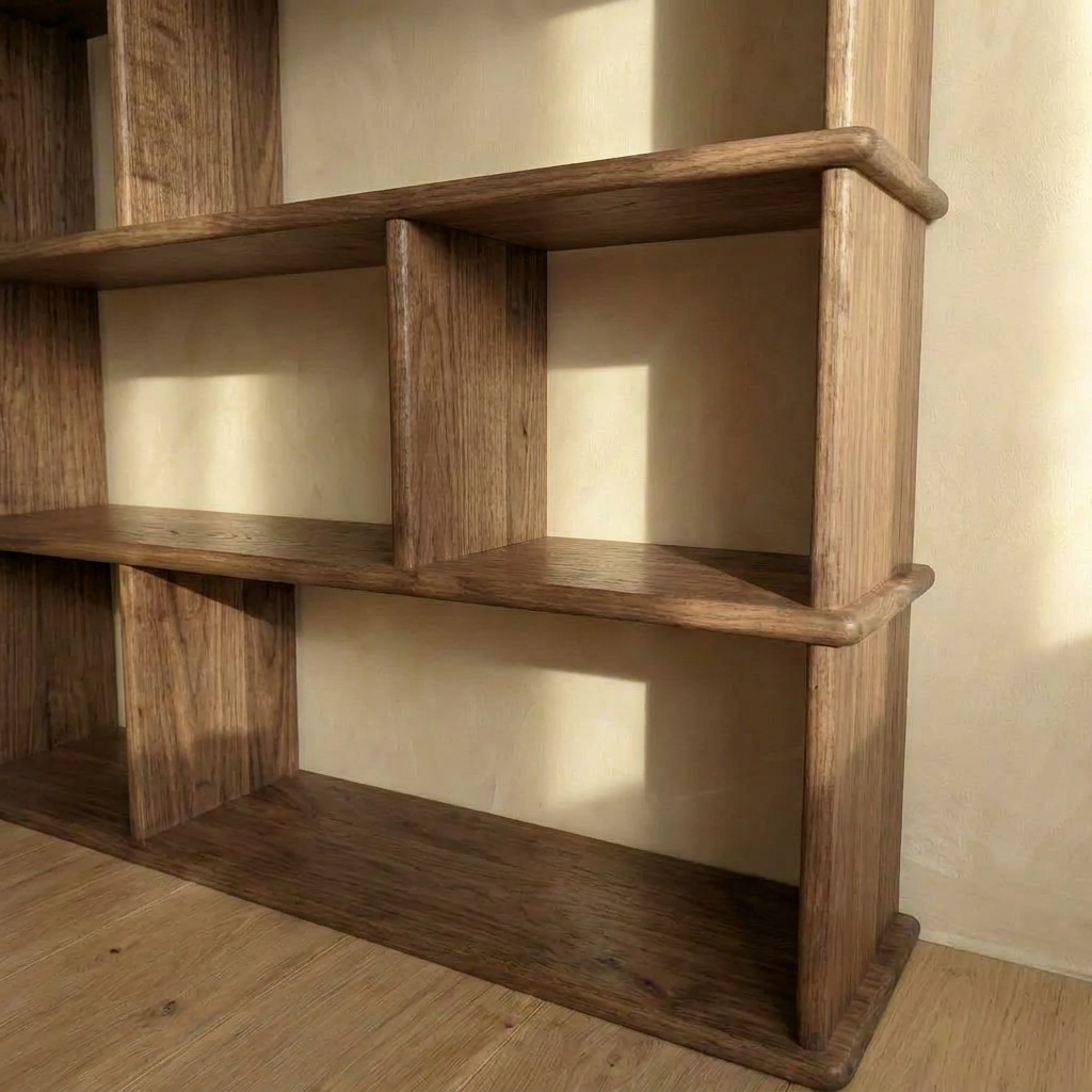 A close-up of the Asymmetric bookcase in walnut, handmade in Vancouver from solid wood, showcases its modern geometric design with bold vertical and horizontal dividers casting striking shadows on a light wall and wooden floor.