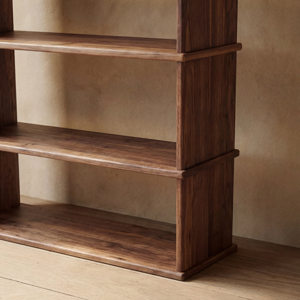solid walnut bookshelf close up