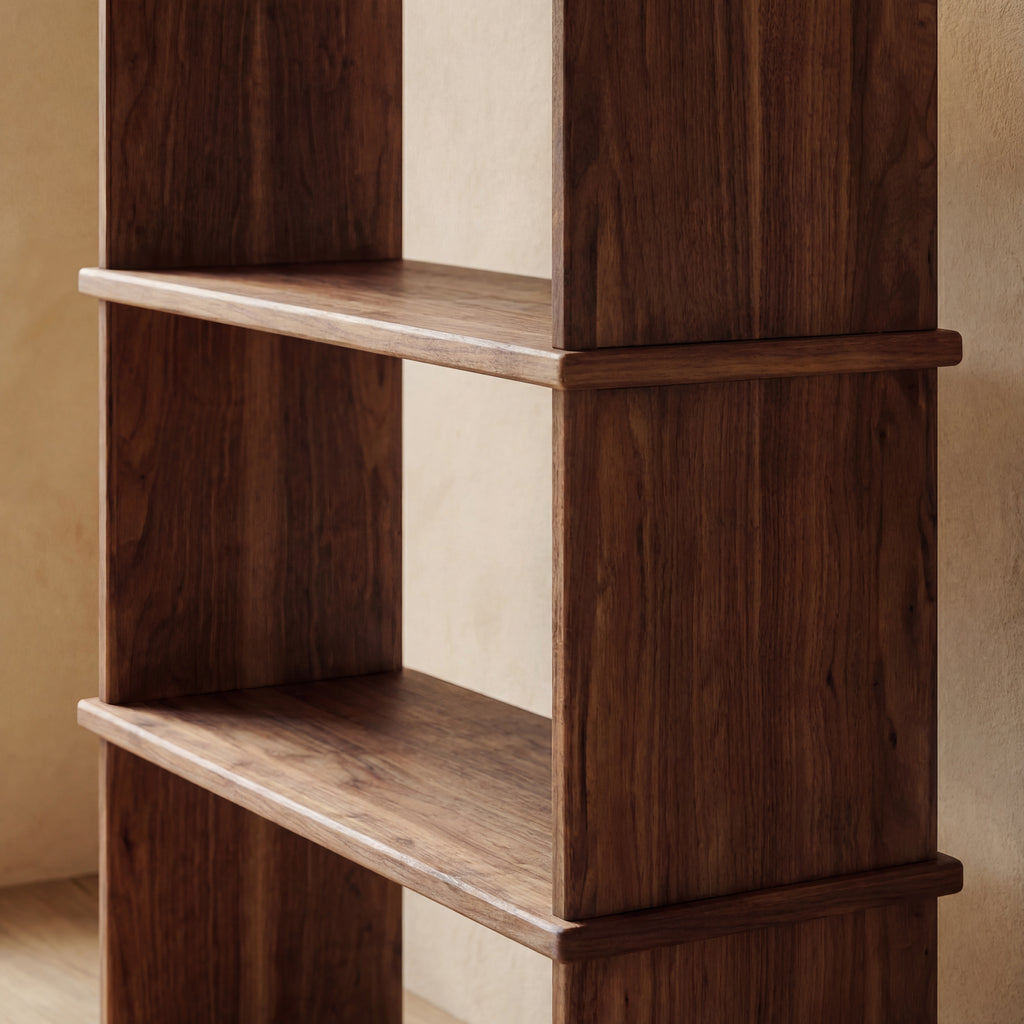 solid walnut bookshelf up close
