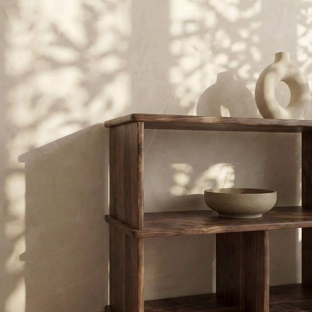 The Console bookcase in walnut stands against a beige wall, displaying a round bowl and two abstract ceramic vases. Soft, dappled sunlight casts leafy shadows, enhancing the calm, minimalist atmosphere.