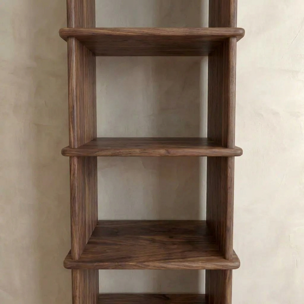 A close-up of the Narrow bookshelf in walnut shows its tall, slim profile and handmade craftsmanship against a light beige wall. Its four empty shelves highlight the clean, simple design and rich walnut finish.