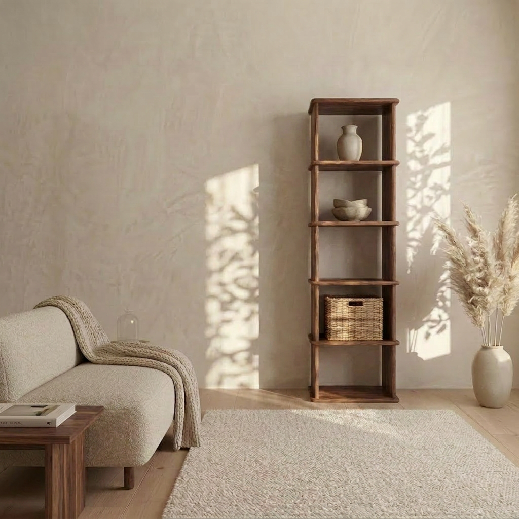 A minimalist living room with a light sofa, wooden coffee table, textured rug, and a narrow bookshelf in walnut adorned with decor. A basket and vase of pampas grass complete the look as sunlight casts leafy shadows on the beige wall.