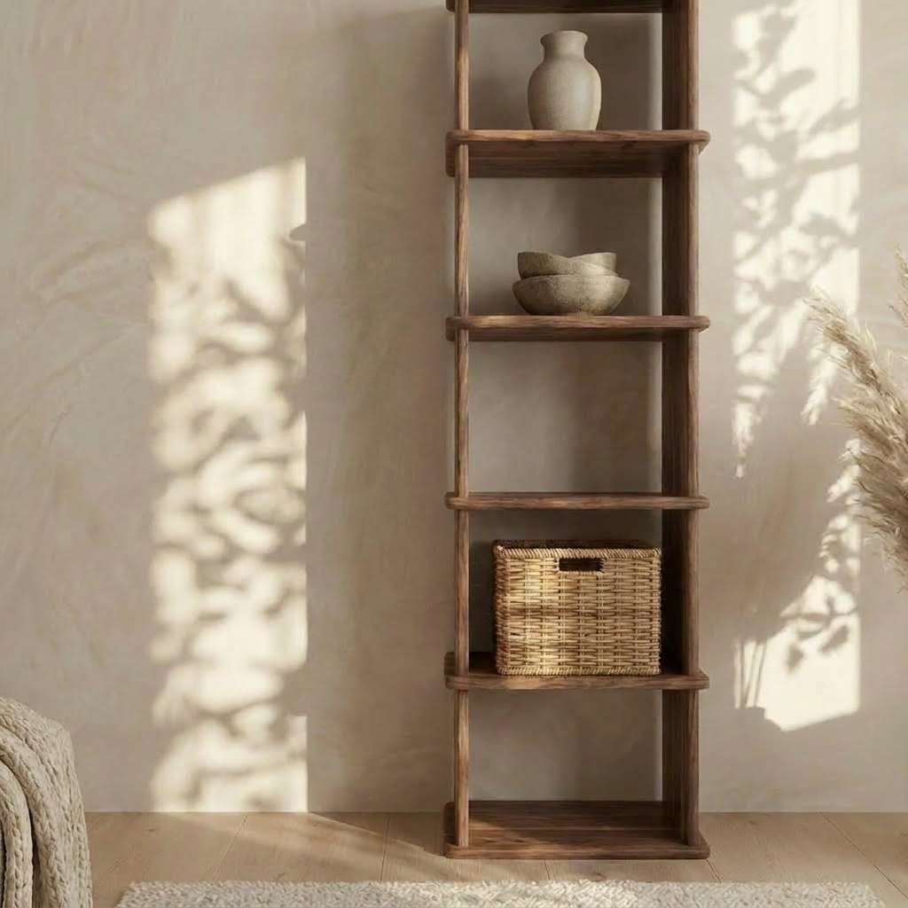 A Narrow bookshelf in walnut stands against a beige wall, displaying a vase, two bowls, and a woven basket. Sunlight casts leaf shadows nearby, with dried pampas grass on the right and a textured rug on the floor.