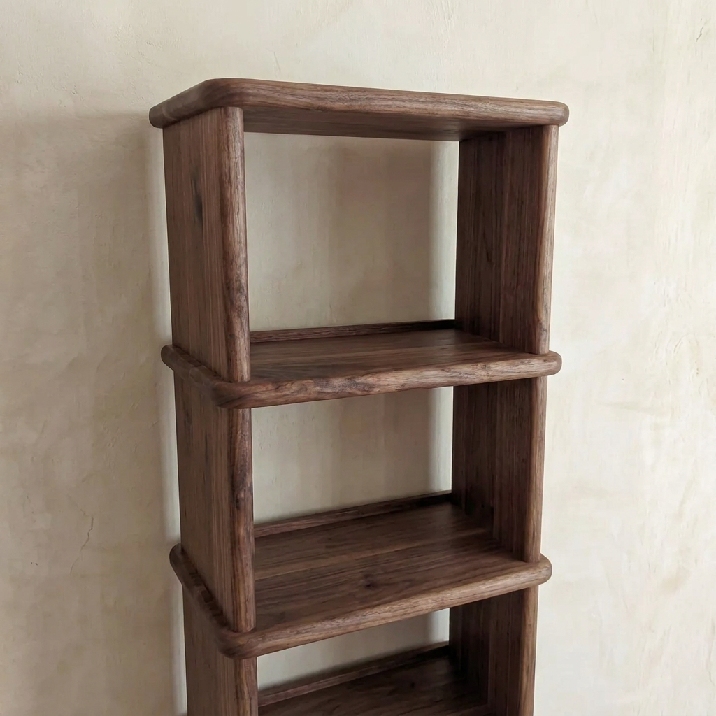 A close-up of the Tall narrow bookcase in walnut, featuring three open shelves and a dark natural finish with rounded edges, set against a light beige wall—ideal for modern Vancouver interiors.