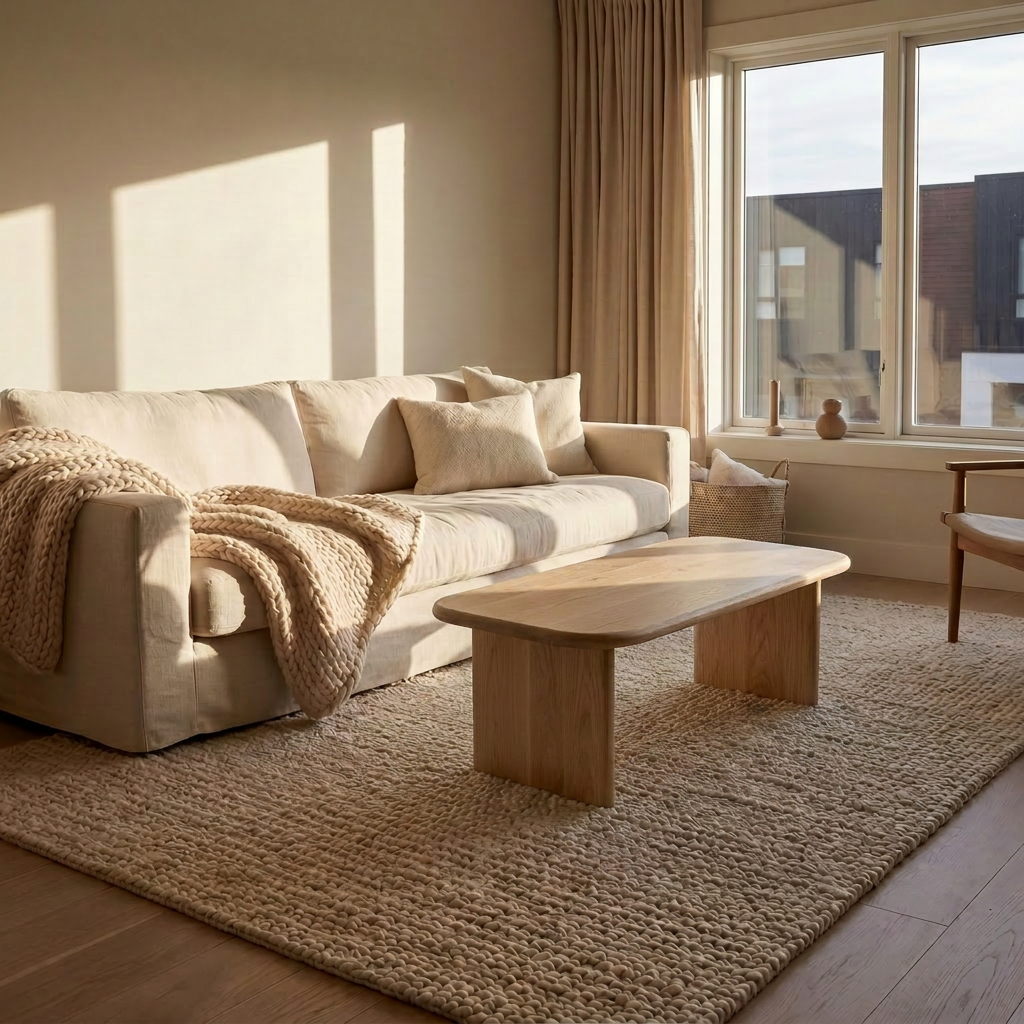 A cozy living room features a beige sofa, textured knit blanket, 40 inch coffee table in white oak, soft rug, armchair, and large window with beige curtains bathing the space in natural light.