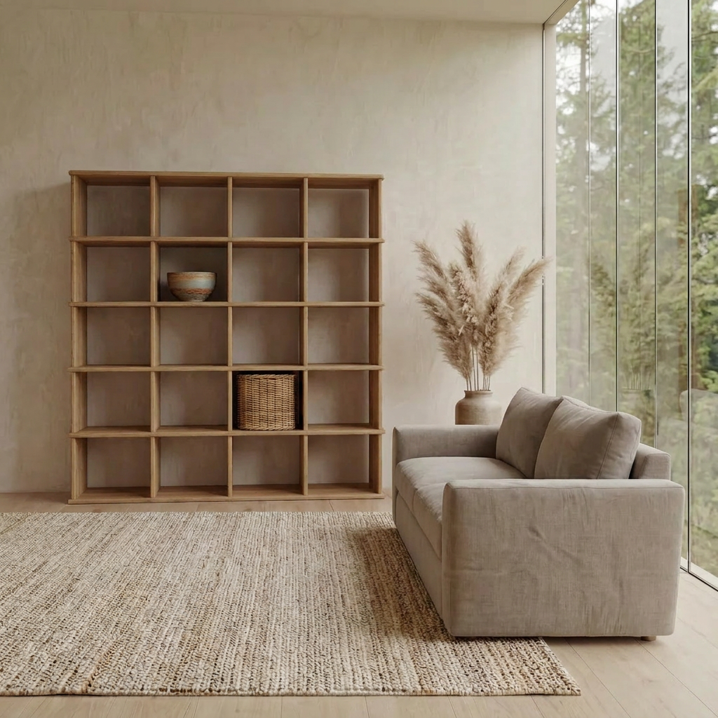 A minimalist Vancouver living room features a light gray sofa, a Cube bookshelf in white oak with a basket and bowl, a textured rug, pampas grass in a vase, and floor-to-ceiling windows overlooking lush green trees.