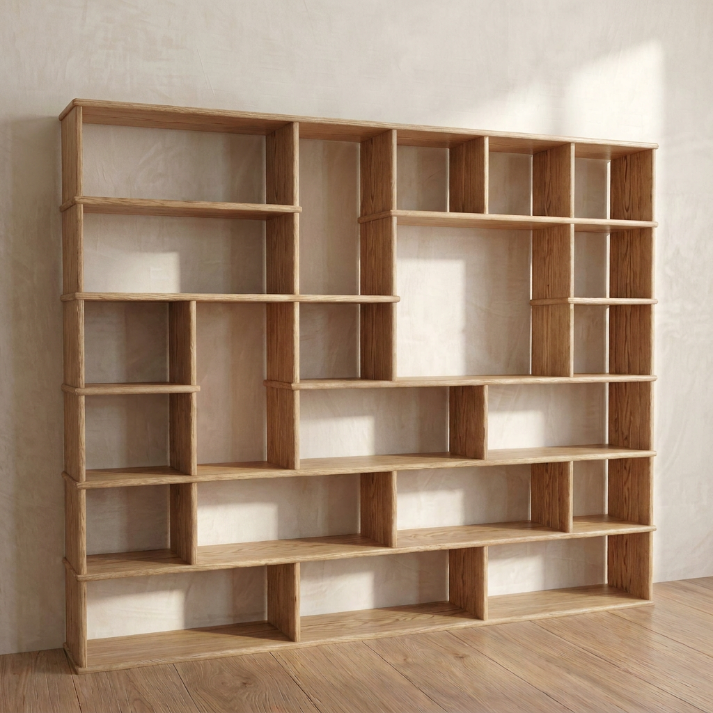 A large geometric bookcase in white oak with an asymmetrical, modern design stands against a light-colored wall on a wooden floor. Sunlight highlights the natural wood grain of the bookcase and casts soft shadows across the room.