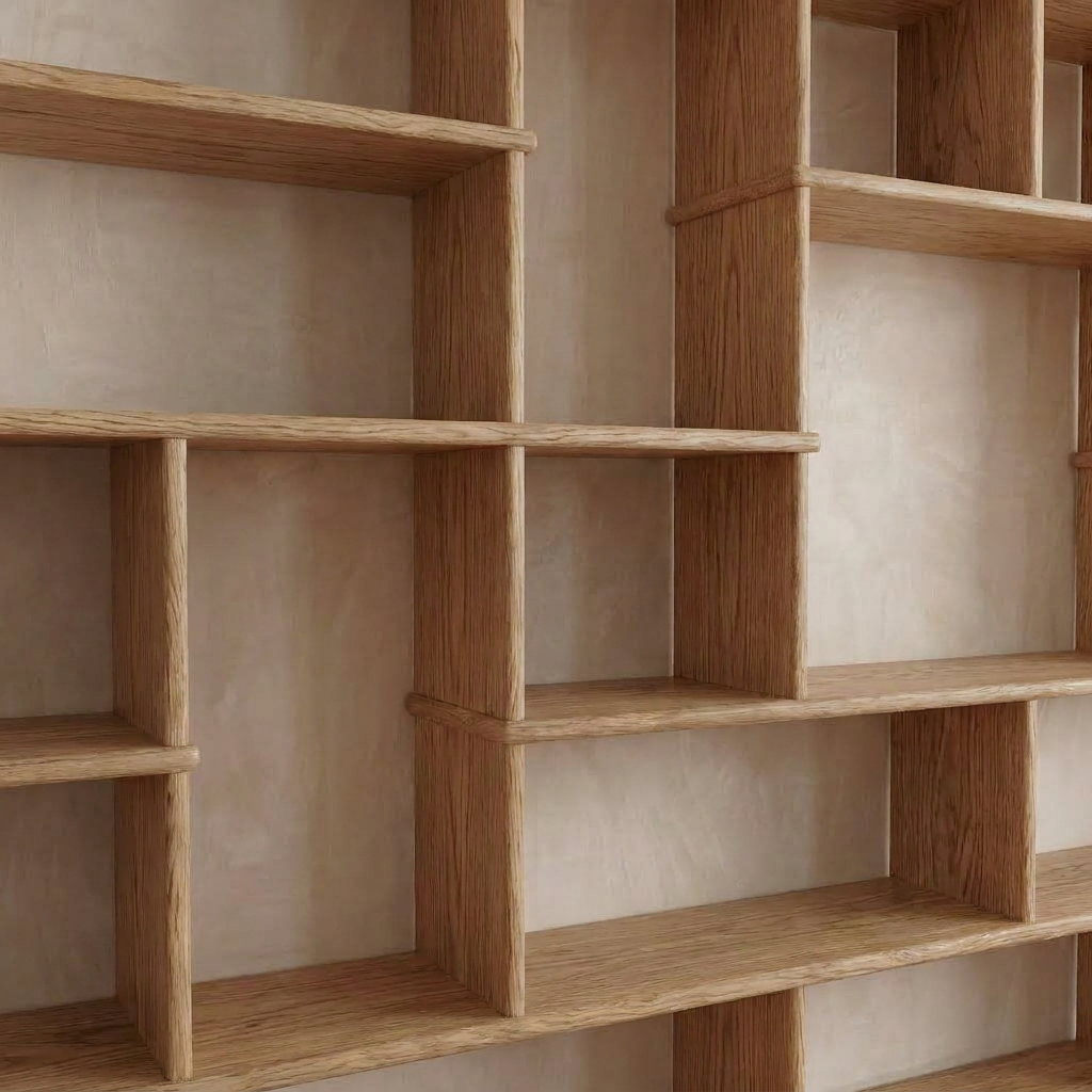 A close-up of the Large geometric bookcase in white oak, handmade in Vancouver, showcasing multiple rectangular compartments and a natural wood grain finish against a beige wall.