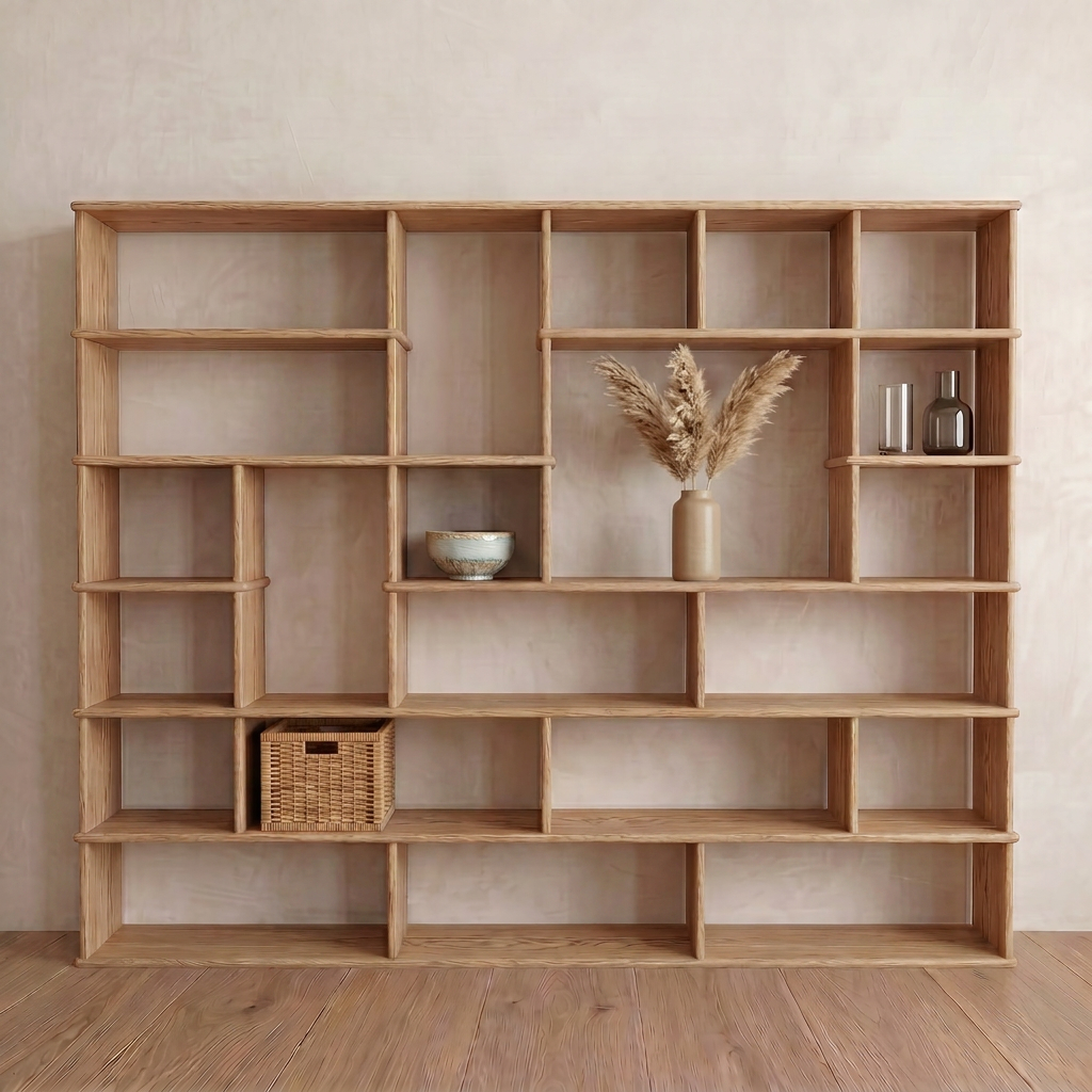 The Large geometric bookcase in white oak features open, asymmetrical shelves displaying a wicker basket, ceramic bowl, vase with dried grass, and two bottles. It stands against a light beige wall on a wooden floor.