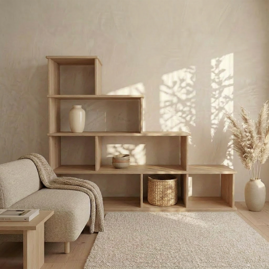 A minimalist living room features a beige sofa, textured rug, and the Step bookshelf in white oak displaying vases and a basket. Nearby, pampas grass in a vase catches sunlight as leaf shadows dance on the neutral-toned wall.