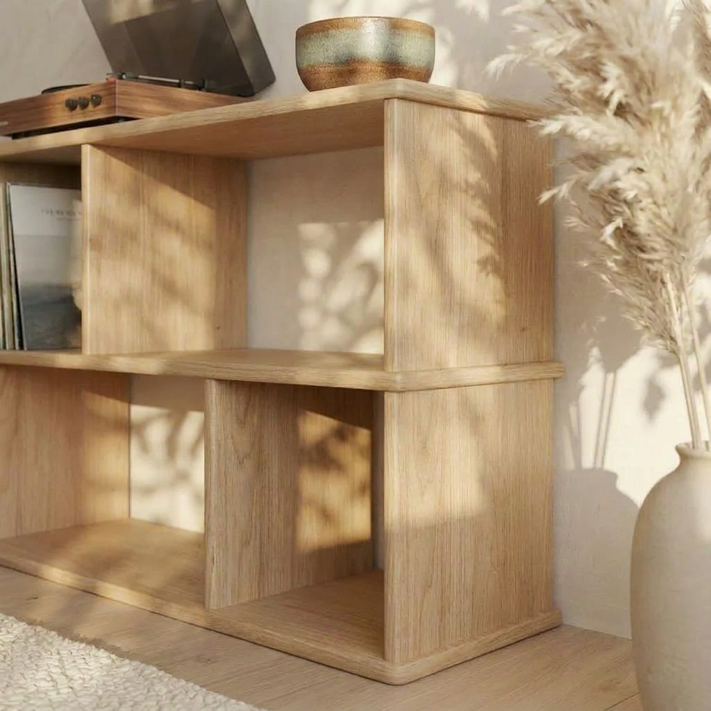 The Vinyl record bookcase in white oak features an asymmetrical, handmade design from Vancouver. It displays records and decor as sunlight and plant shadows play across its surface, with a vase of pampas grass on the light wooden floor nearby.