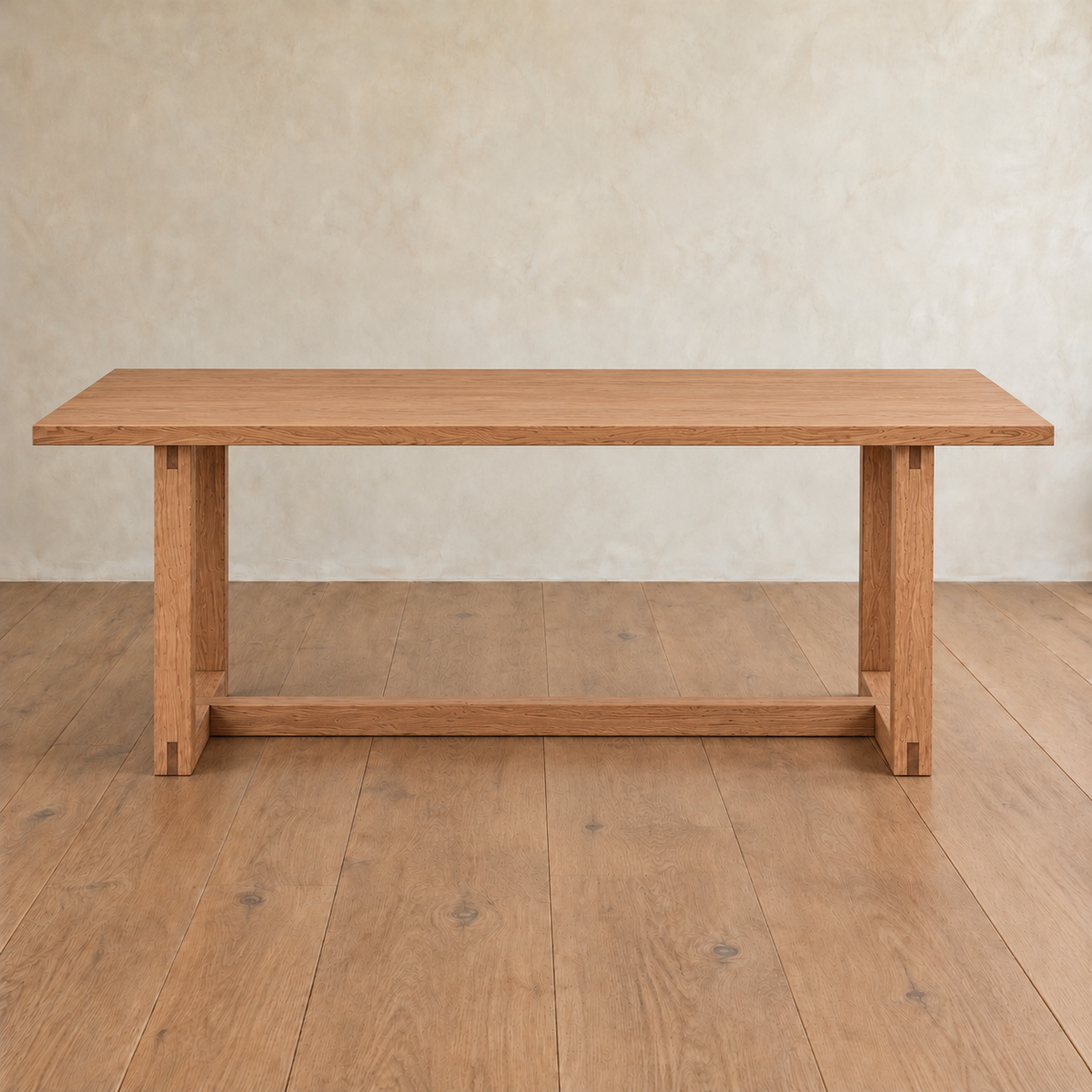6 person dining table in red oak, handcrafted with a rectangular top and a trestle base.