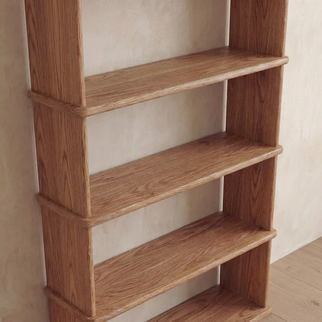 A 6 shelf bookcase in red oak, featuring natural wood grain and minimalist design, stands against a light-colored wall.