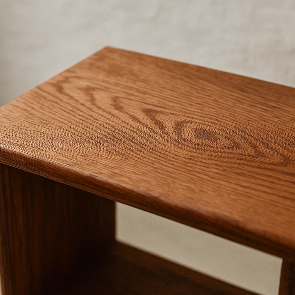 Solid wood bookshelf up close