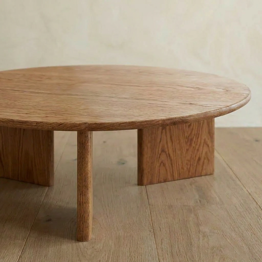 The Round coffee table in red oak, handmade in Vancouver with three sturdy legs and a natural wood grain finish, stands on a wooden floor against a neutral beige wall.
