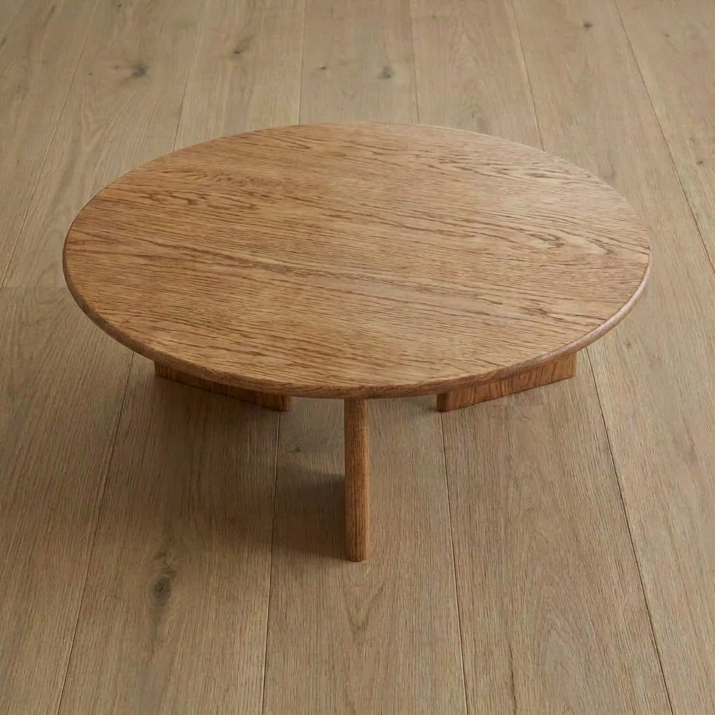 The Round coffee table in red oak, handmade in Vancouver with three legs, sits on a light wood floor. Both the table and floor share similar tones and grain patterns, creating a seamless, minimalist look.