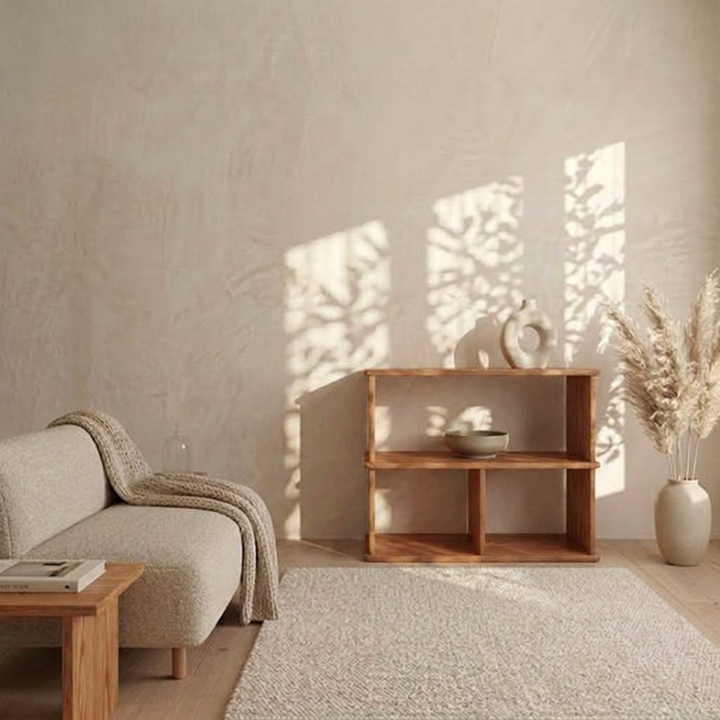 Minimalist living room featuring a light beige sofa, wooden coffee table, and a console bookcase in red oak. A vase with pampas grass and decor accents sits on the shelf. Sunlight casts leafy shadows on the textured wall for a calming effect.
