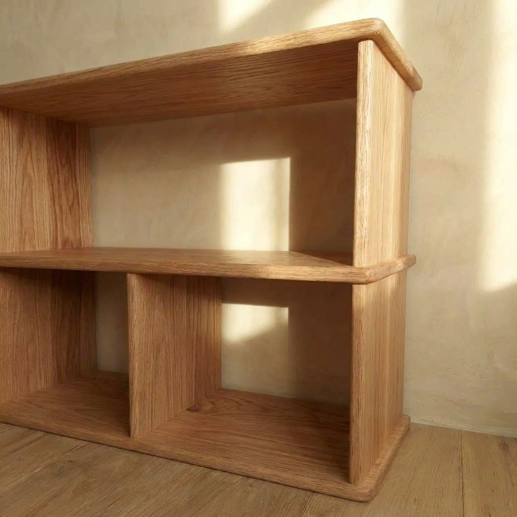 The Console bookcase in red oak features two levels and three vertical sections. Against a beige wall, sunlight highlights its red oak grain and modern, handmade design.