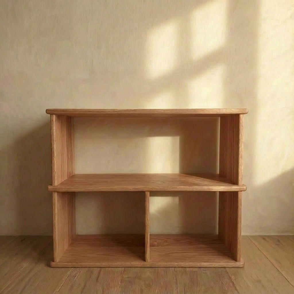 The console bookcase in red oak stands against a beige wall, with sunlight casting a shadow. It features two upper compartments and two smaller lower compartments, while the wooden floor complements its simple handmade design.