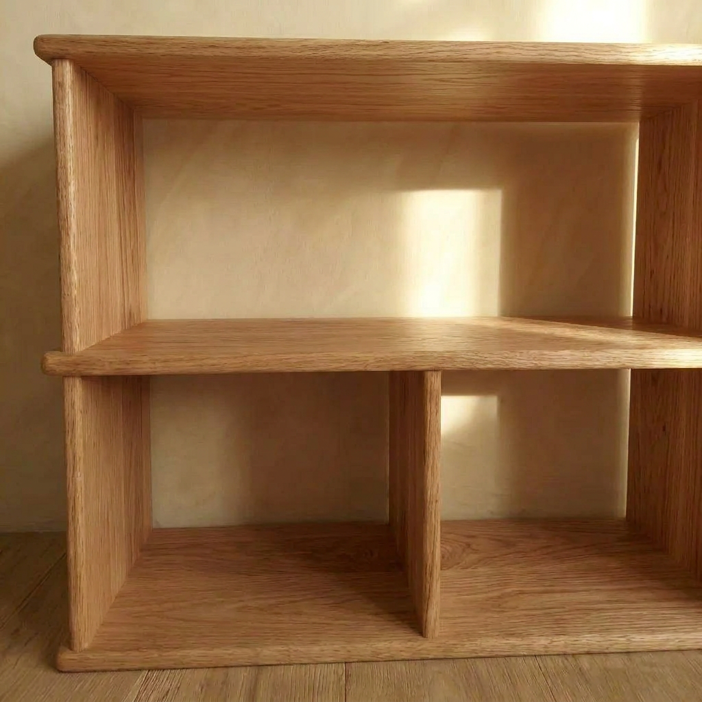 The Console bookcase in red oak is a handmade wooden piece with three compartments, clean lines, and a natural finish. Shown against a light wall on a wood floor, it offers simple elegance and functional storage.