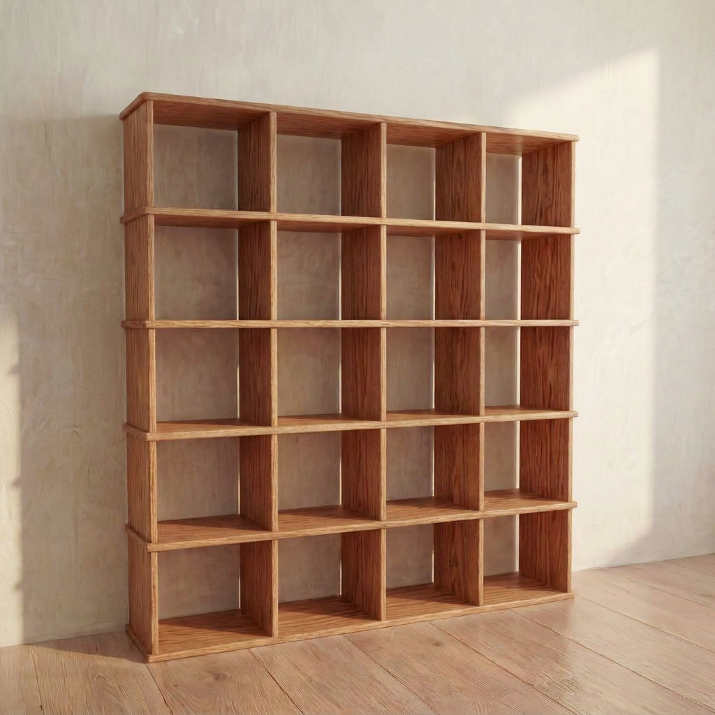 The Cube bookshelf in red oak features five rows and four columns of square compartments, standing empty against a light wall on a wooden floor with sunlight casting gentle shadows.