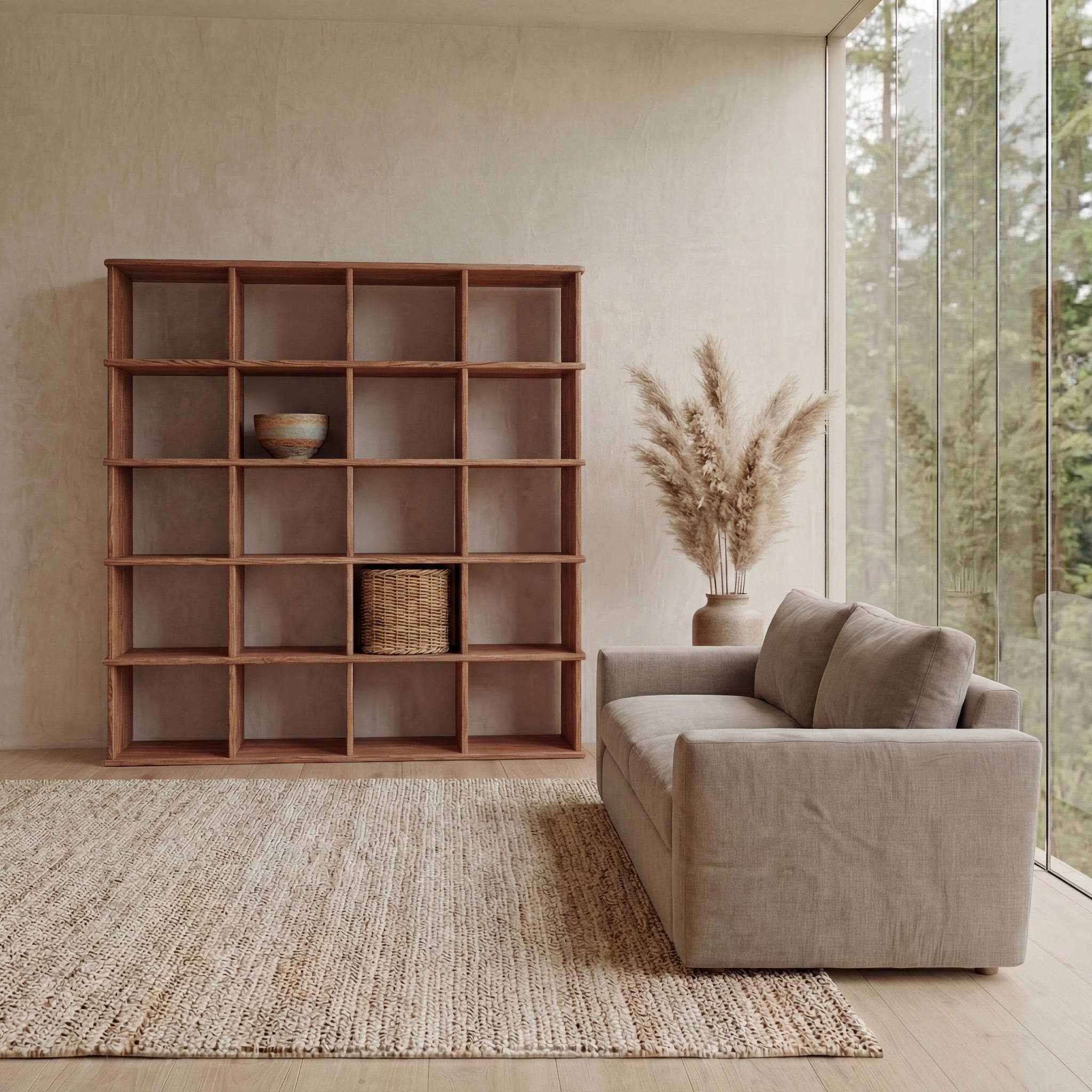 A minimalist living room with a beige sofa, a woven rug, a Cube bookshelf in red oak holding a basket and bowl, tall pampas grass in a vase, and large floor-to-ceiling windows revealing greenery outside.