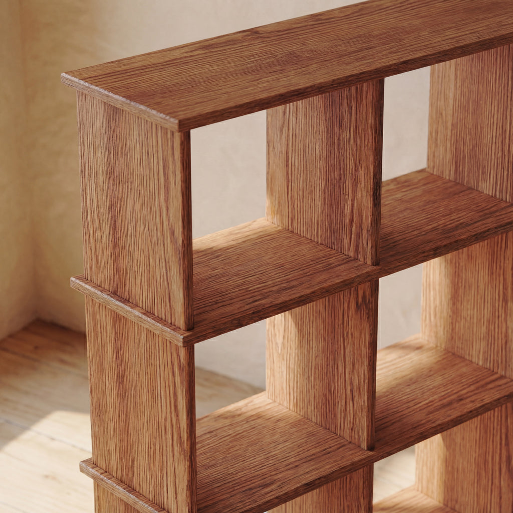 solid wood cube bookcase up close