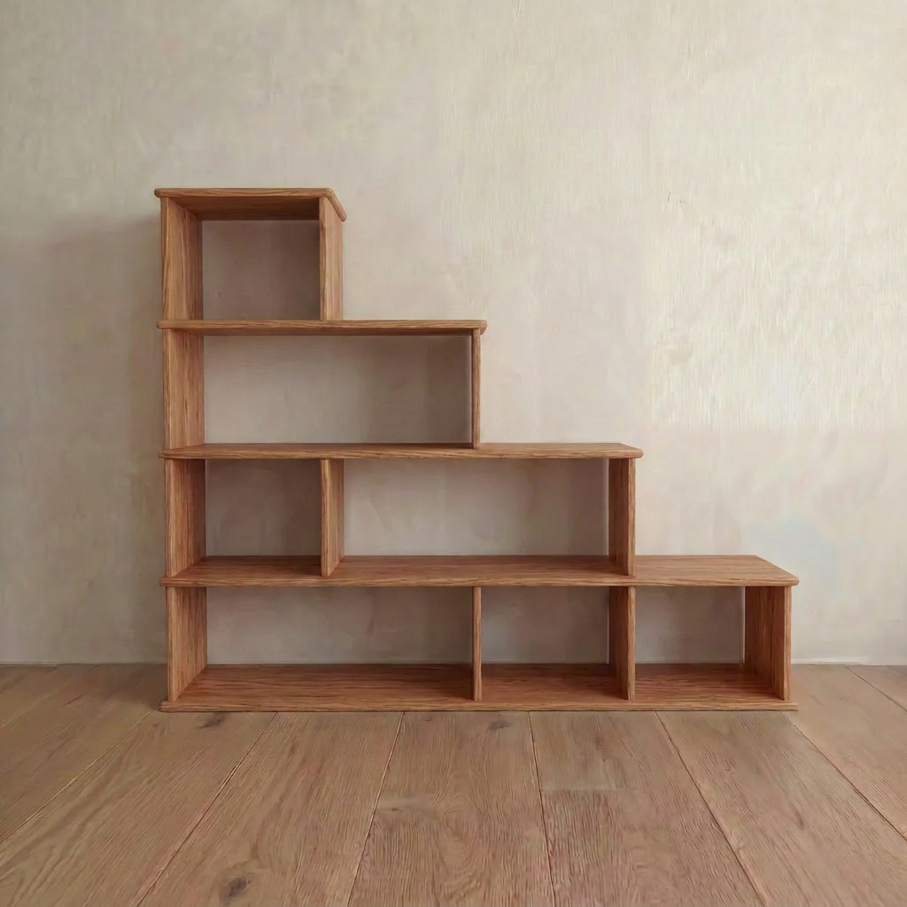 The Step bookshelf in red oak features a handmade, open stepped design with five tiers that decrease in height from left to right, providing stylish and functional storage against any wall.
