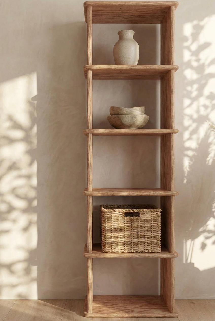 The Narrow bookshelf in red oak stands against a beige wall, displaying a ceramic vase, two stacked bowls, and a woven basket as sunlight casts soft plant shadows across the wall and floor.