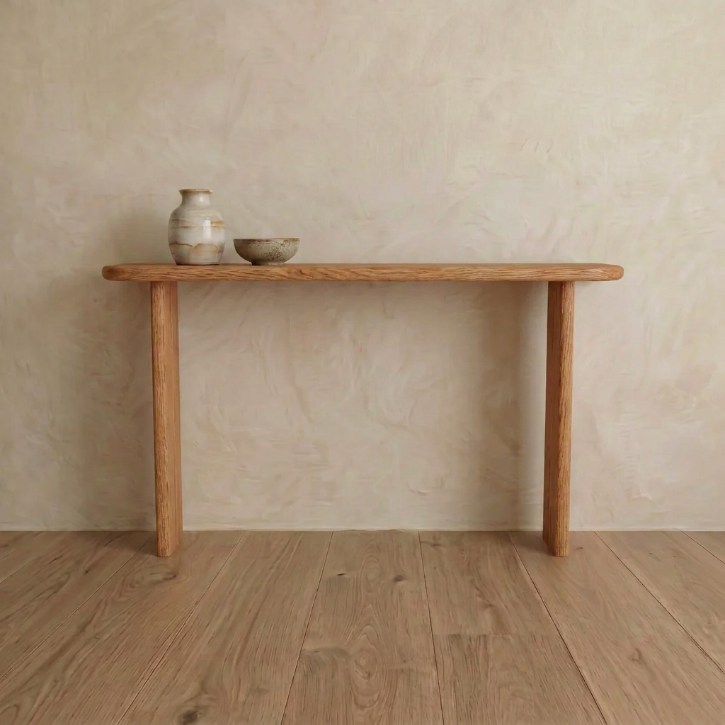 The Narrow console table in red oak, handmade in Vancouver, stands against a textured beige wall. Topped with a ceramic vase and bowl, its natural finish complements the light wood floor for a minimalist look.