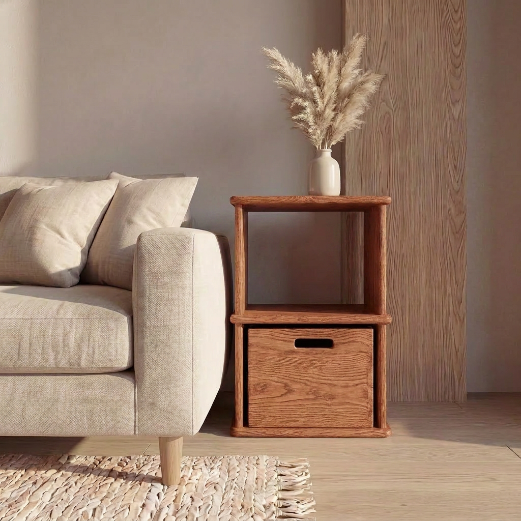 A beige sofa sits next to a Nightstand bookshelf in red oak with a drawer and open shelf, topped with a white vase of dried pampas grass. A woven rug on the light wood floor adds coziness to this minimalist living space.