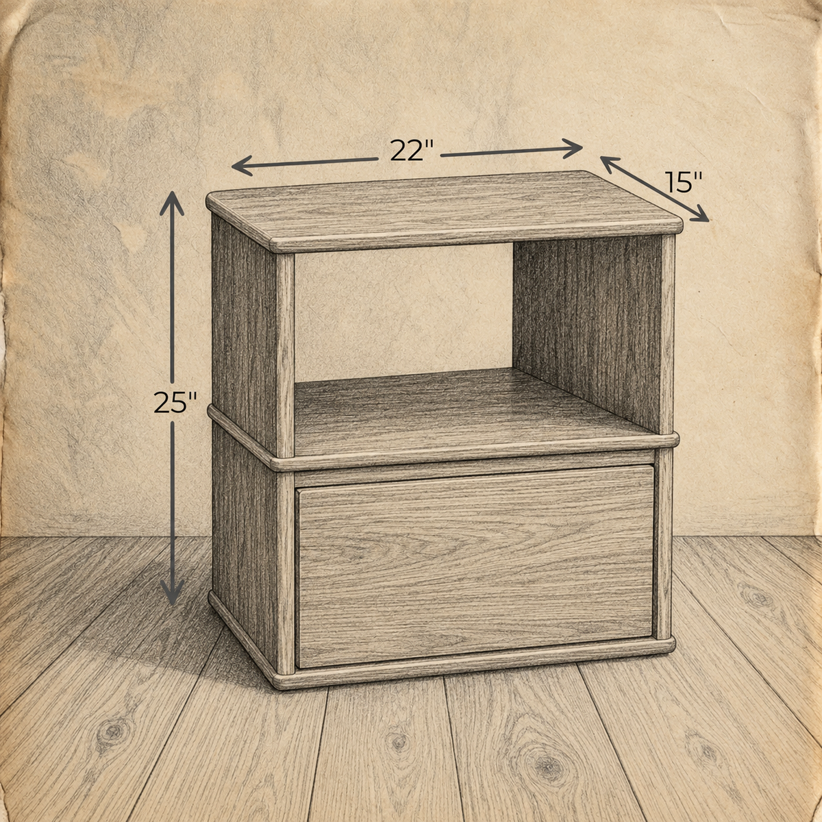 Pencil sketch of the solid wood nightstand on aged paper, measuring 22 inches wide, 15 inches deep and 25 inches high.
