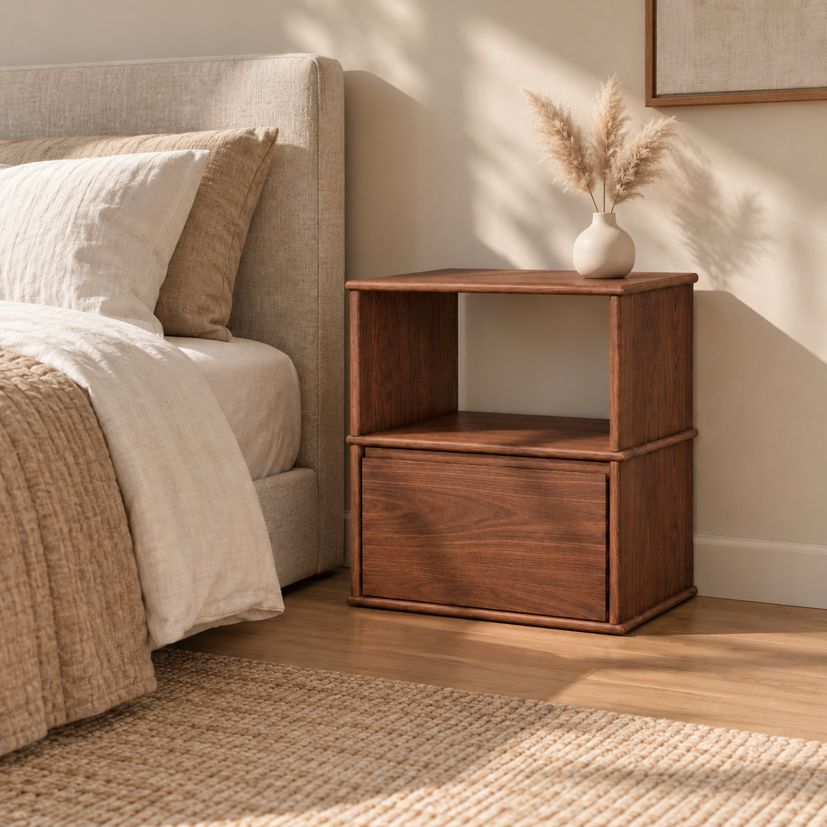 A solid wood nightstand in walnut beside a bed with linen bedding, with a vase of pampas grass on top and a jute rug below.