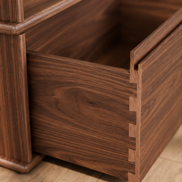 Close-up of the dovetail joints at the front corner of the walnut nightstand drawer.