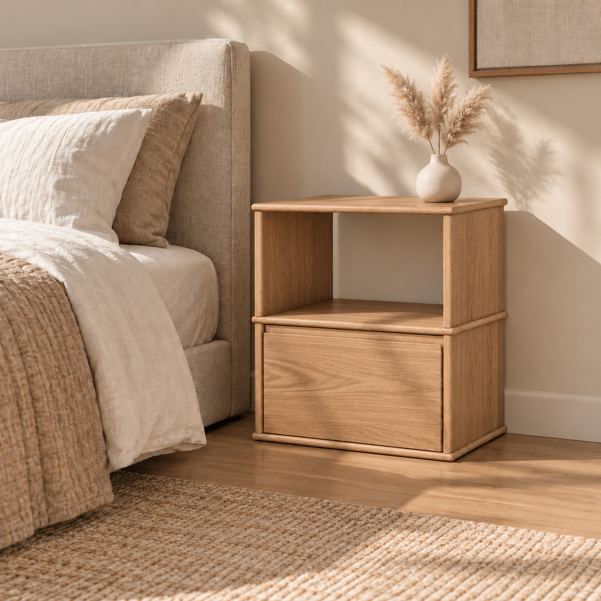 A solid wood nightstand in white oak beside a bed with linen bedding, with a vase of pampas grass on top and a jute rug below.