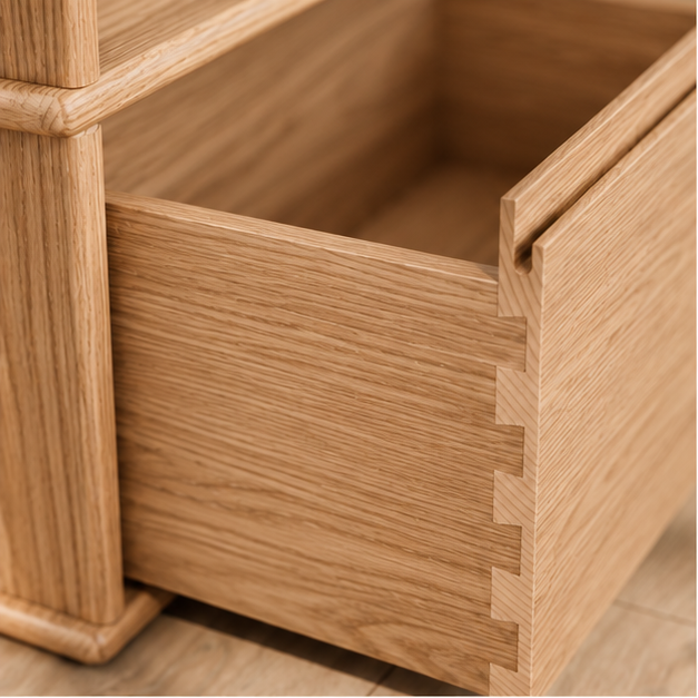 Close-up of the dovetail joints at the front corner of the white oak nightstand drawer.