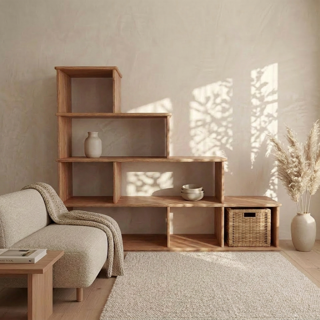 A minimalist living room with a beige sofa and a Step bookshelf in red oak displaying vases, a woven basket, and pampas grass. Sunlight casts leafy shadows on the light walls and rug.