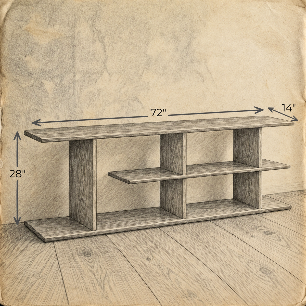 Pencil drawing of the staggered shelf bookcase with dimensions: 72 in wide, 14 in deep and 28 in high.