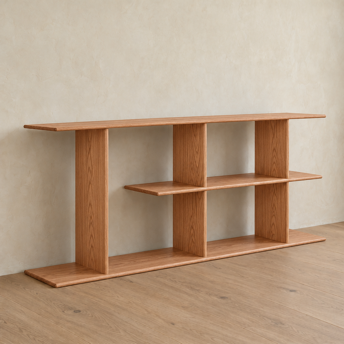 The staggered shelf bookcase in red oak from an angle against a plaster wall.