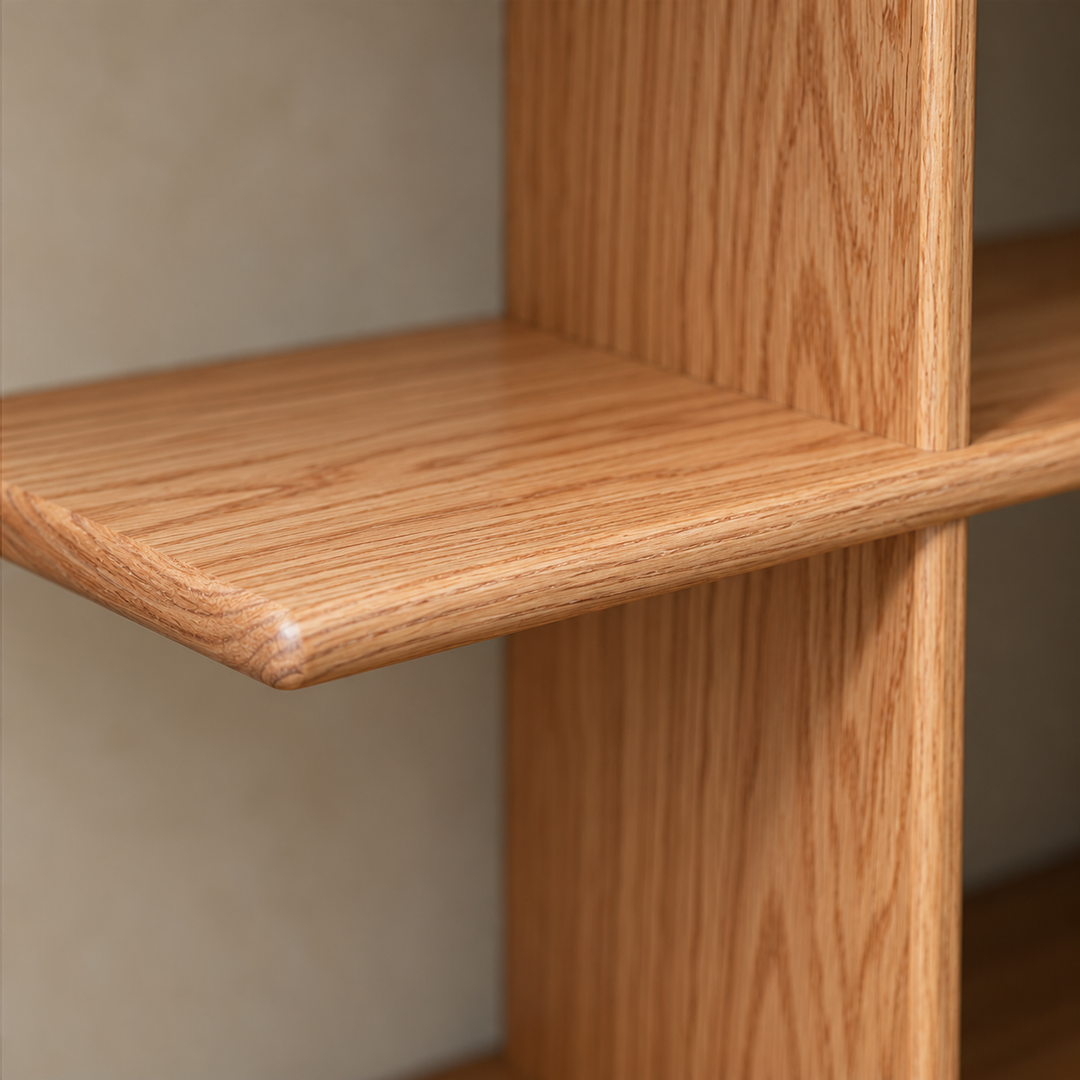 Close-up of the softly rounded corner of the middle shelf where it meets an upright, in red oak.