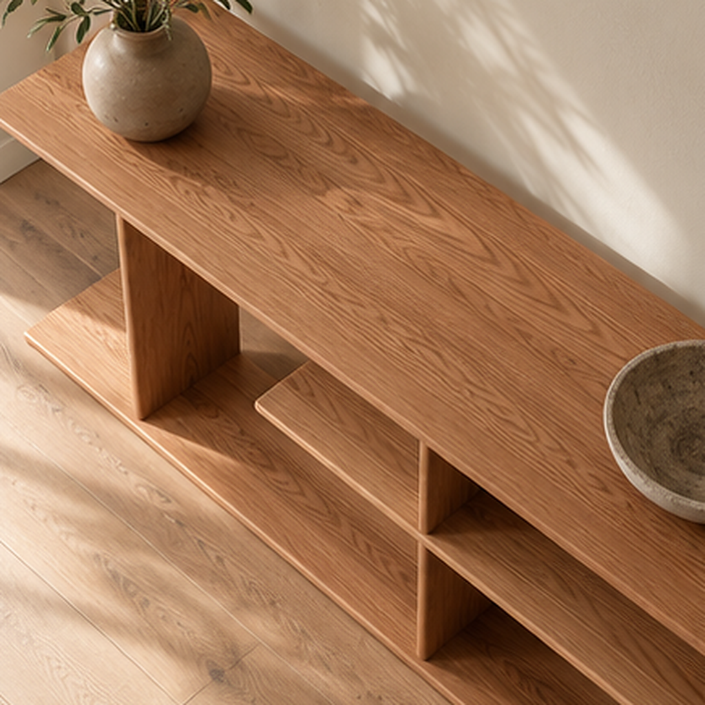 The staggered shelf bookcase in red oak in afternoon sun, with a ceramic vase and a stone bowl on top.