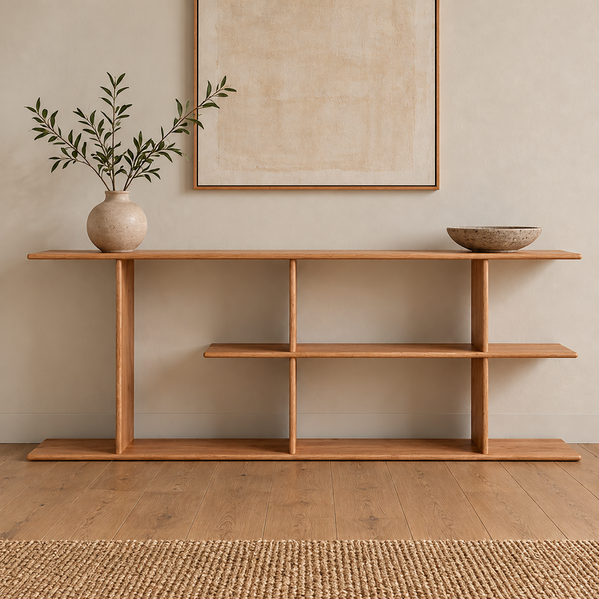 The staggered shelf bookcase in red oak styled with a vase of olive branches and a stone bowl, below a framed print.