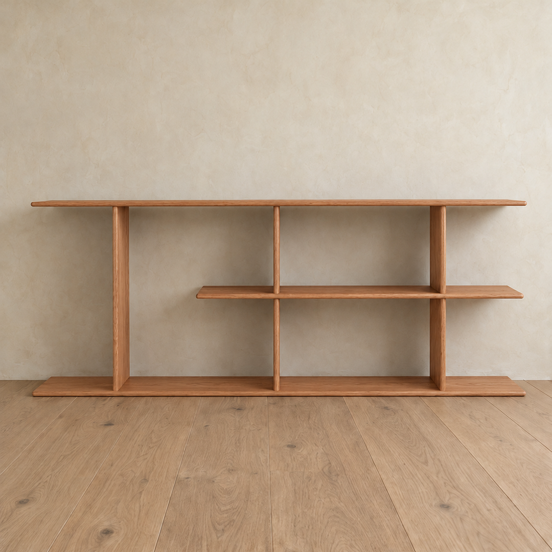 Front view of the empty staggered shelf bookcase in red oak, with its middle shelf running two thirds of the way across.