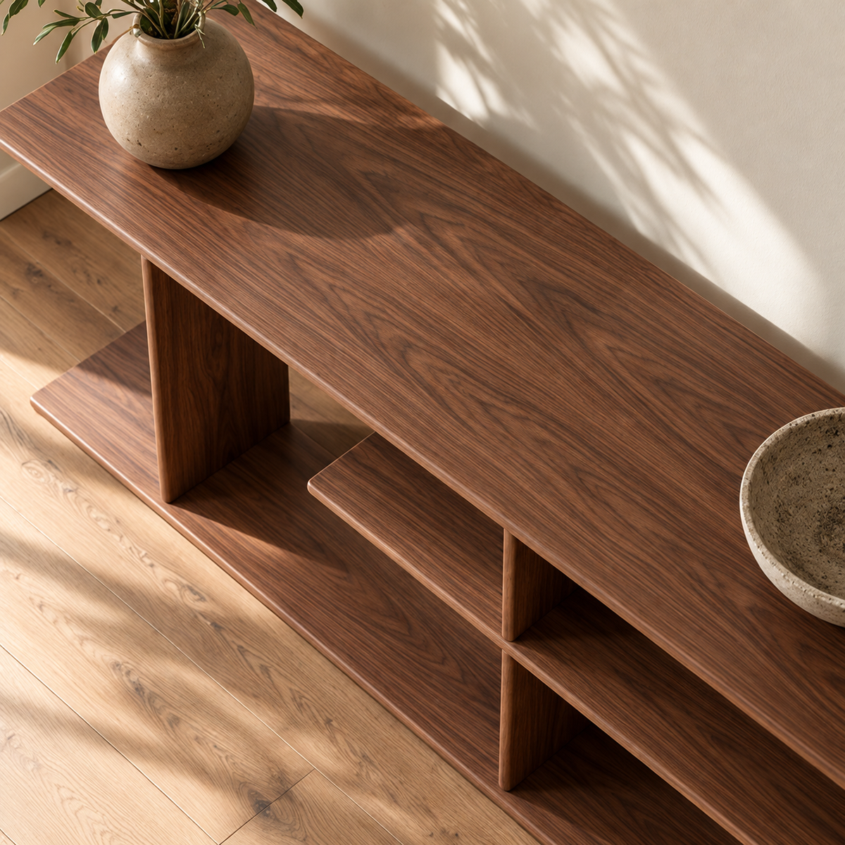 The staggered shelf bookcase in walnut in afternoon sun, with a ceramic vase of greenery and a stone bowl on top.