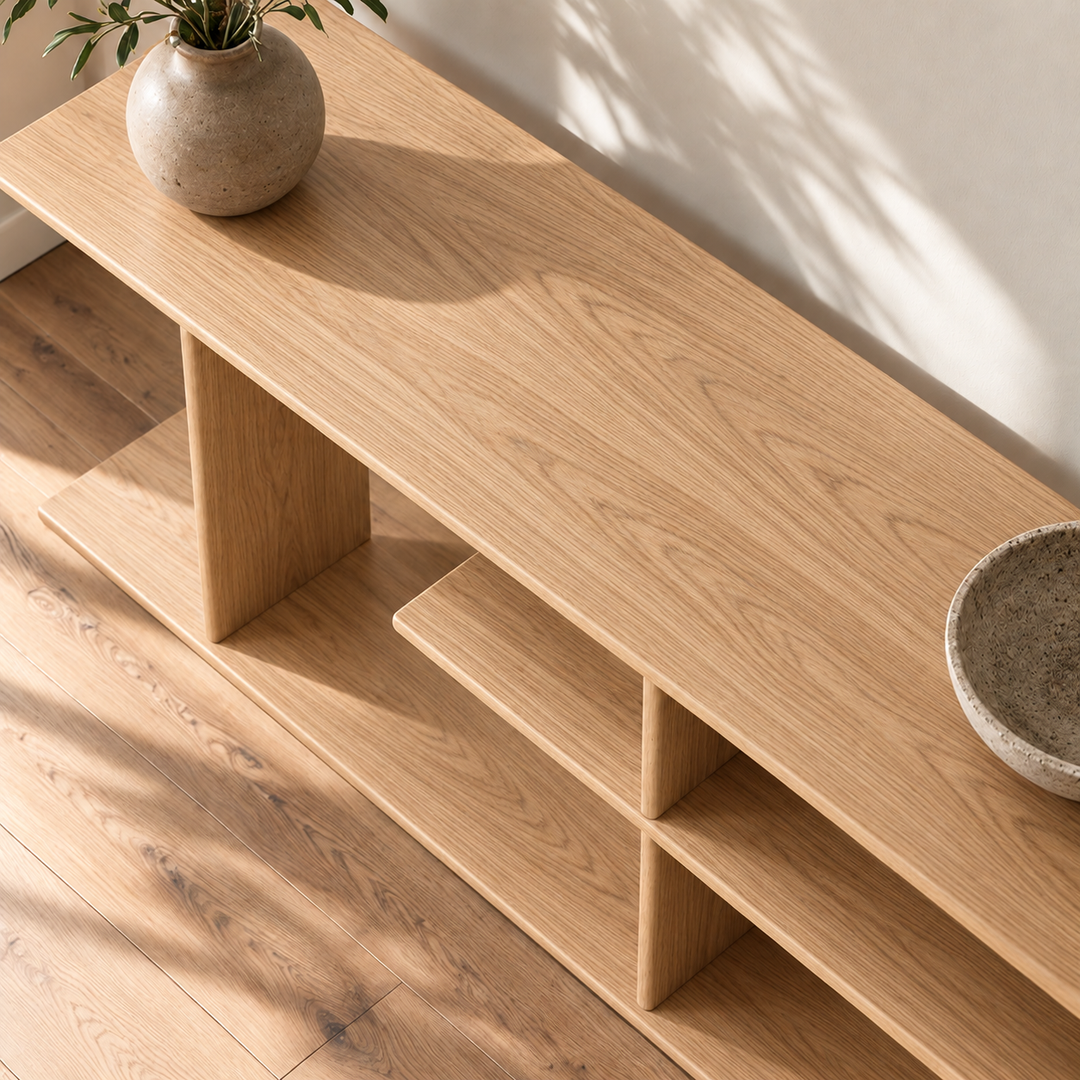 The staggered shelf bookcase in white oak in afternoon sun, with a ceramic vase and a stone bowl on top.
