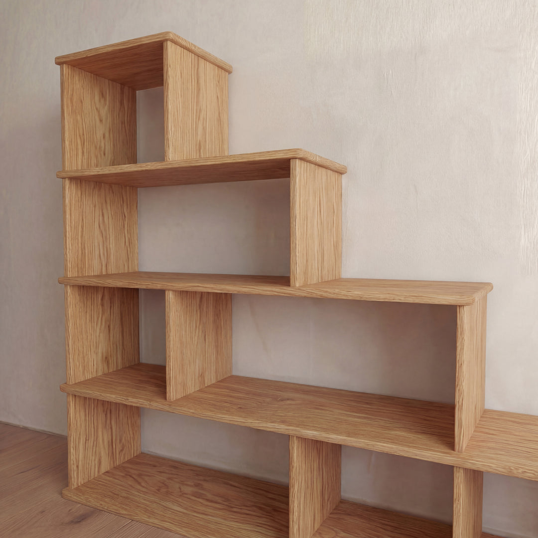 Step bookcase in solid oak close up